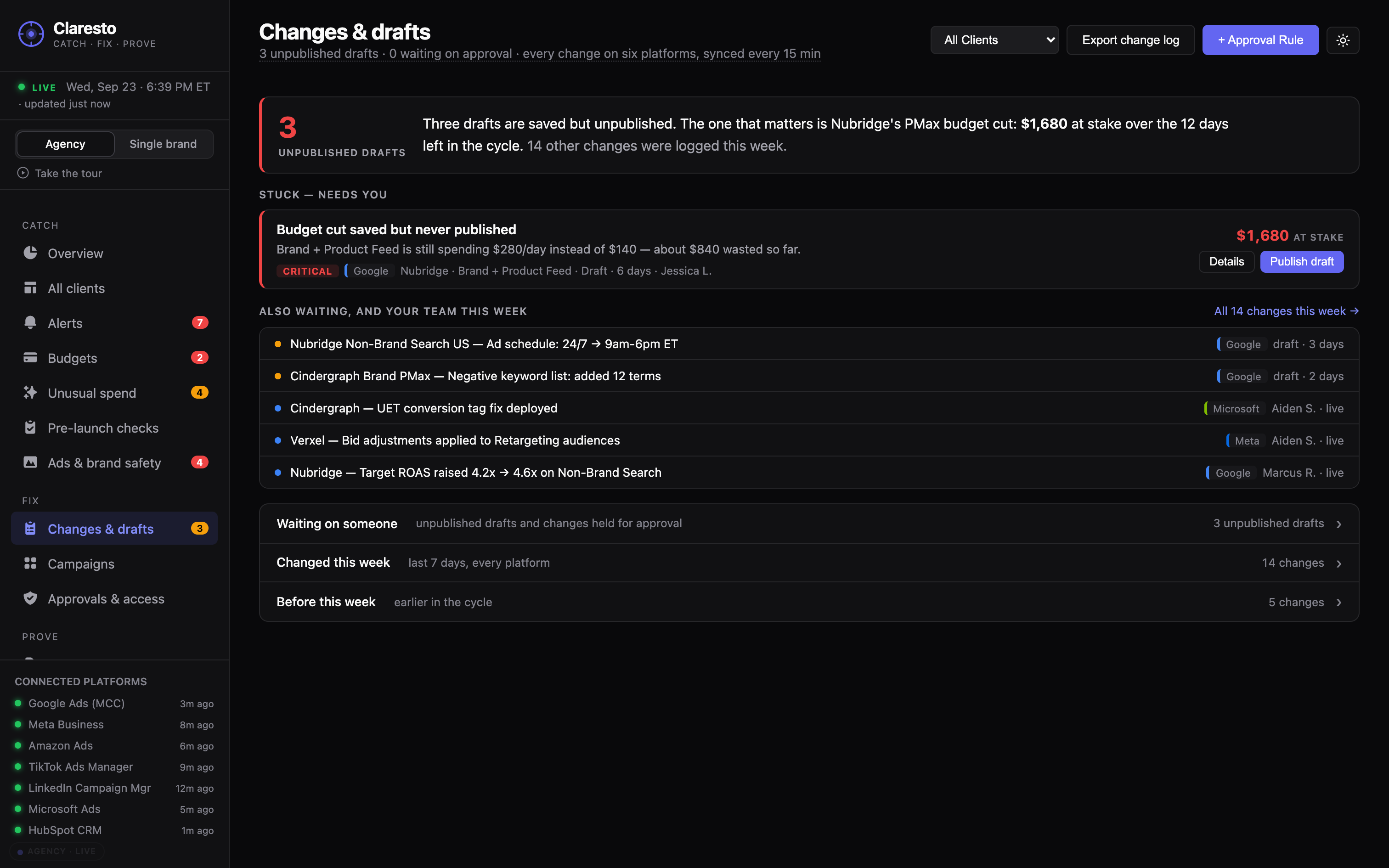 Claresto Changes & drafts — every change with who, what, when, before and after